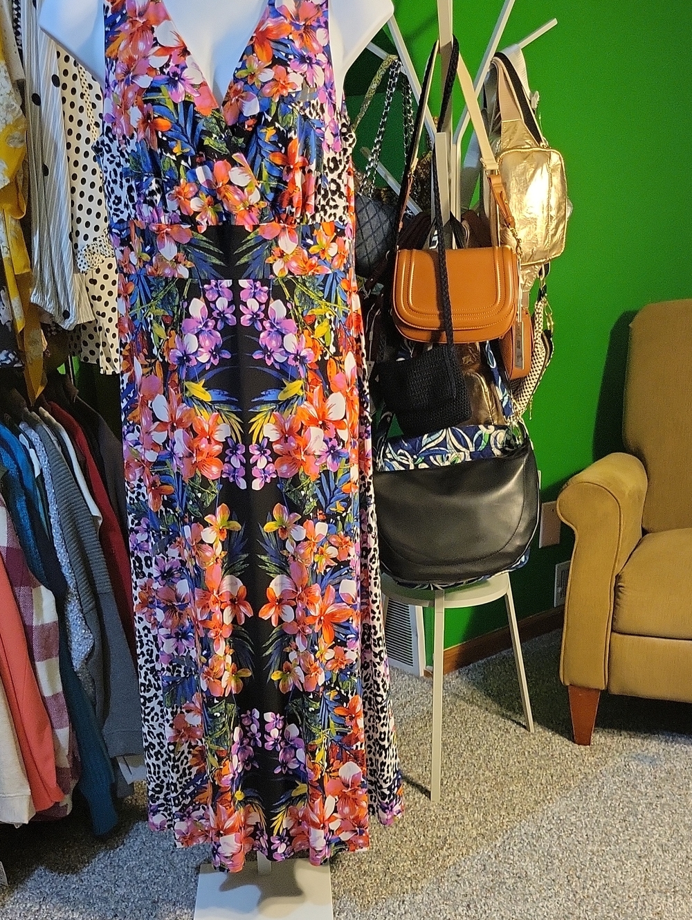 Floral V-Neck Maxi Dress in Black with Multicolor Floral Print